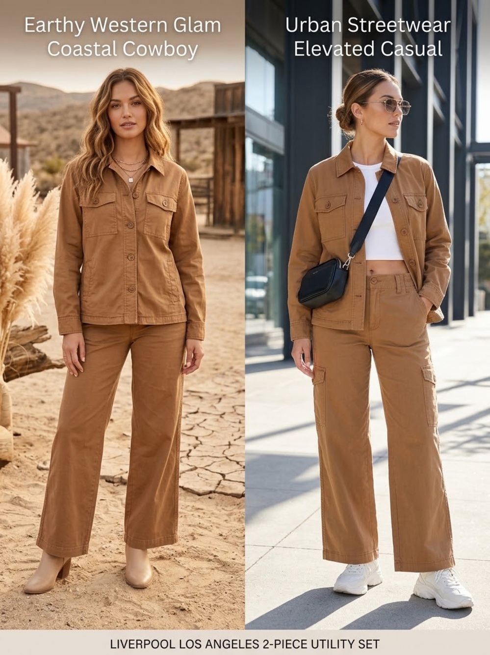 Liverpool Los Angeles Utility Set Jacket Pants Size XL Tan Caramel Cargo Co-Ord